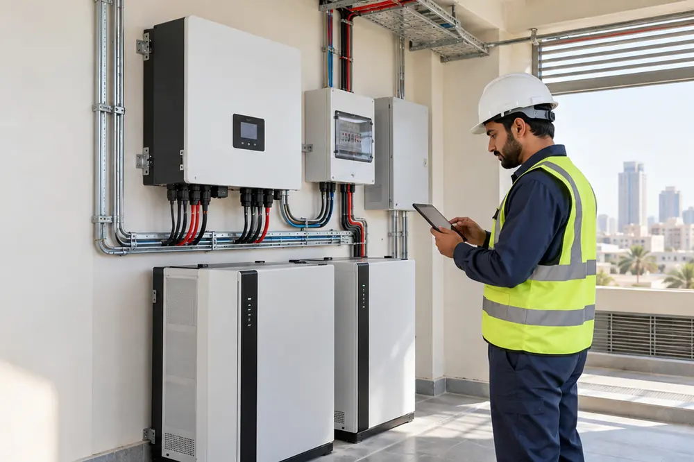 Illustrative AI-generated image: technician checking a hybrid solar inverter and battery storage system